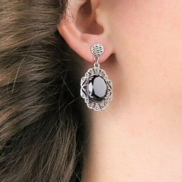 Vintage Sterling Silver Imitation Onyx and Marcasite Earrings Drop Earrings - Picture 2 of 7